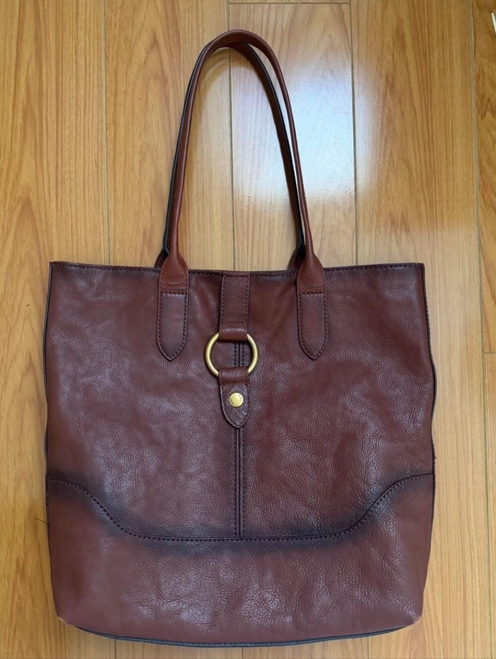 Frye Chestnut Brown Leather Tote with Gold Ring Accent